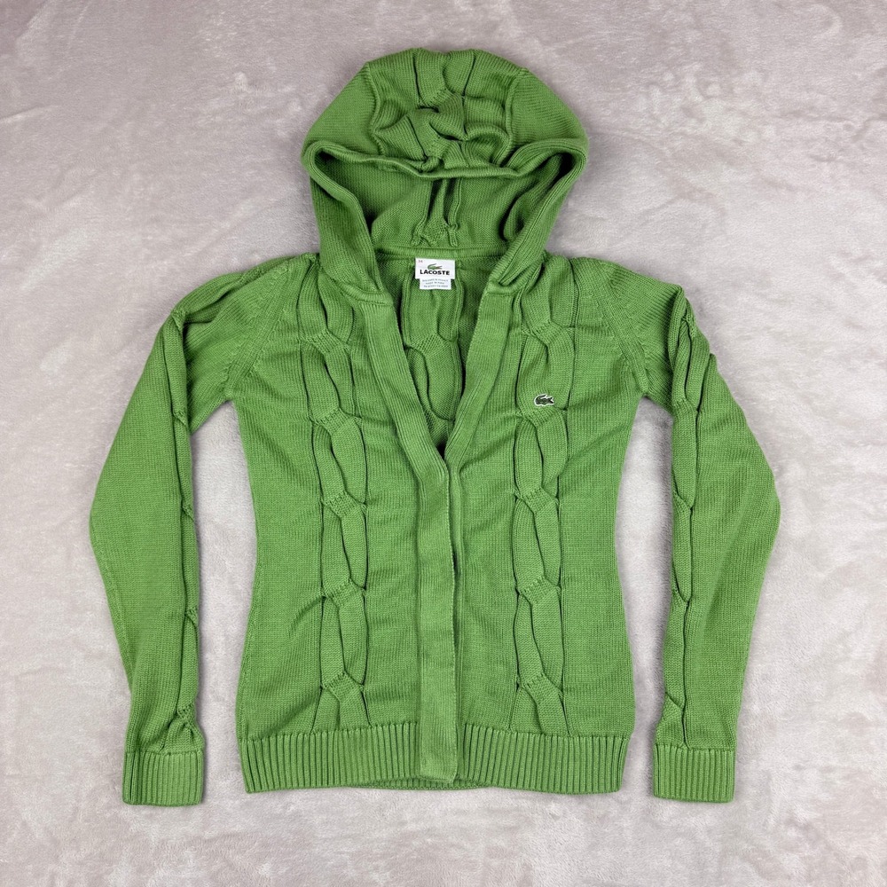 Lacoste Hoodie Cardigan Women 34 (XS) Green Cable Chunky Knit Button Front EUC